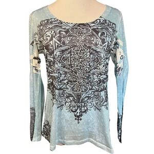 Seven7 Womens‎ Blue Ornate Graphic Long Sleeve Top Rhinestone Cut Out Sleeve M